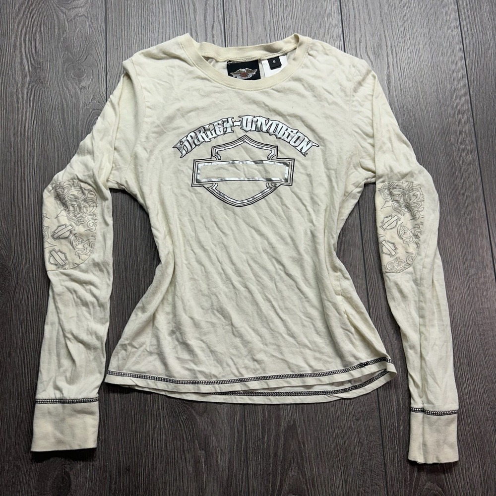 Harley-Davidson Womens Small y2k Long Sleeve Cream Silver Foil Logo Graphic Top